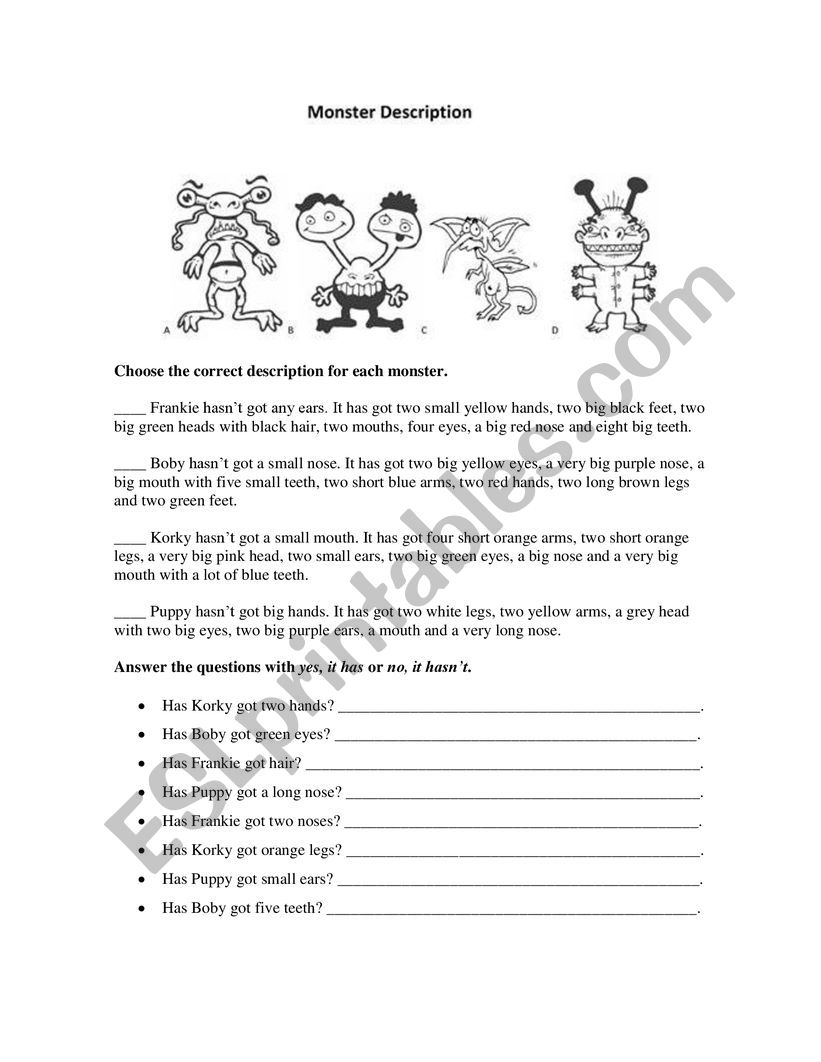 Monster description worksheet