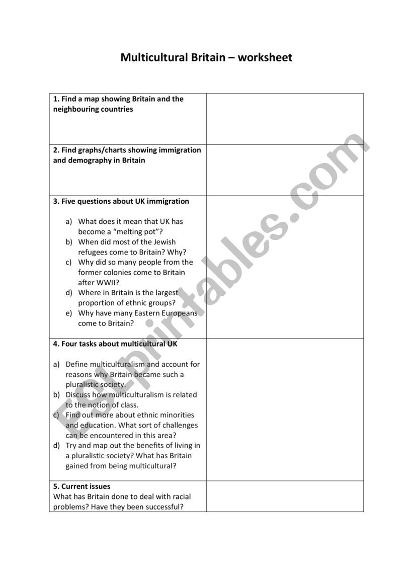 Multicultural Britain worksheet