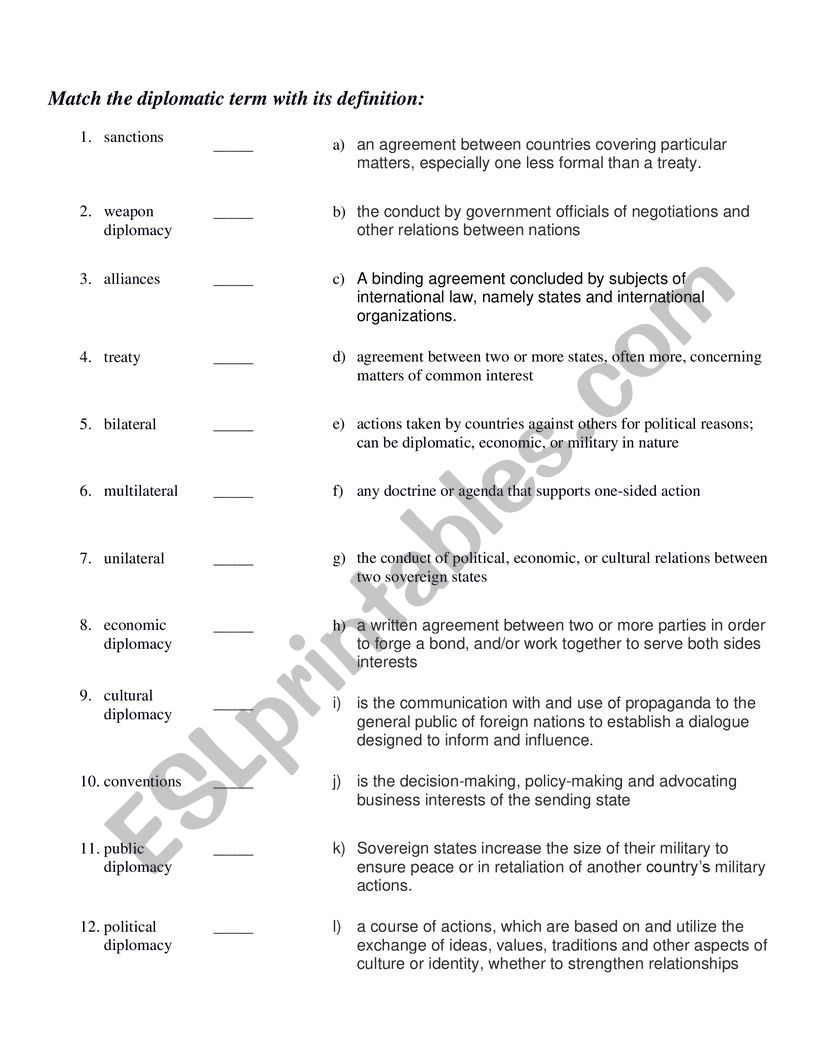 Diplomatic Terms worksheet