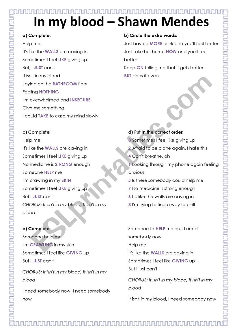 Song In My Blood Shawn Mendes Esl Worksheet By Pentesileia