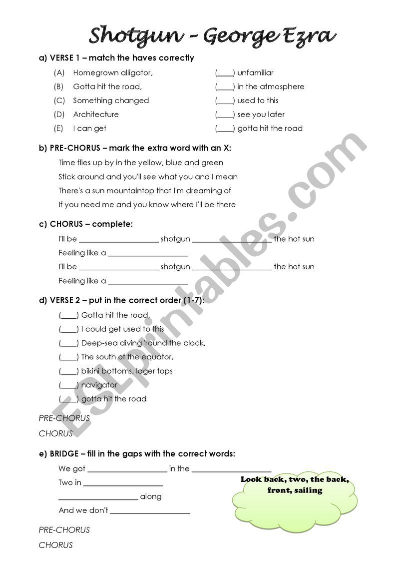 Shotgun - George Ezra worksheet