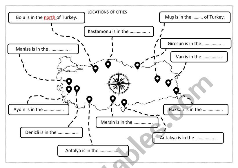 Locations of cities in Turkey worksheet