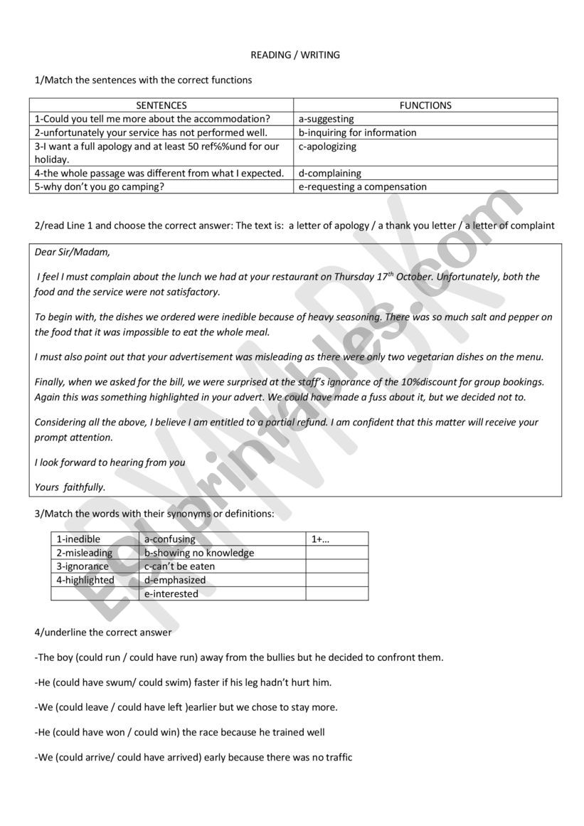 reading and writing worksheet