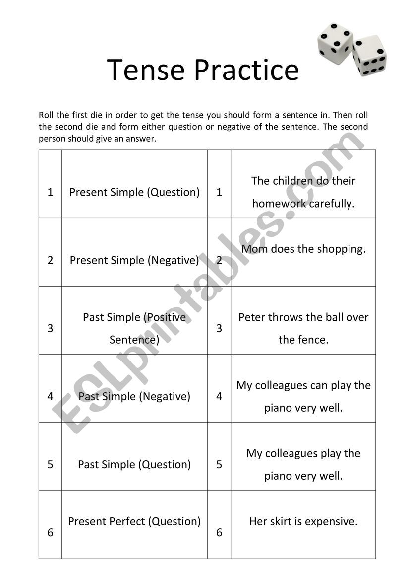 Tense Revision Dice Game worksheet