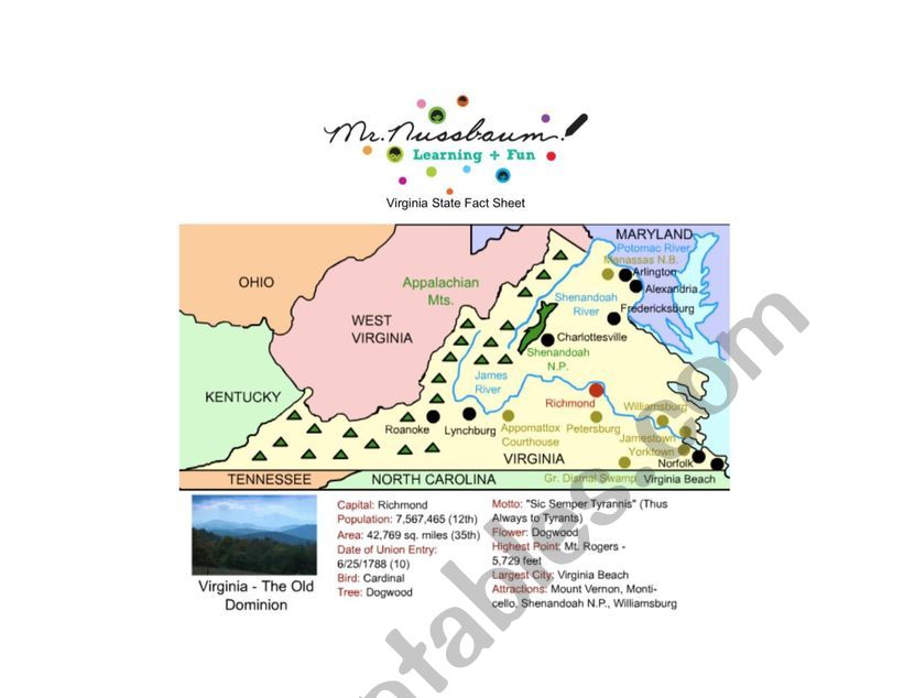 Map of Virginia  worksheet