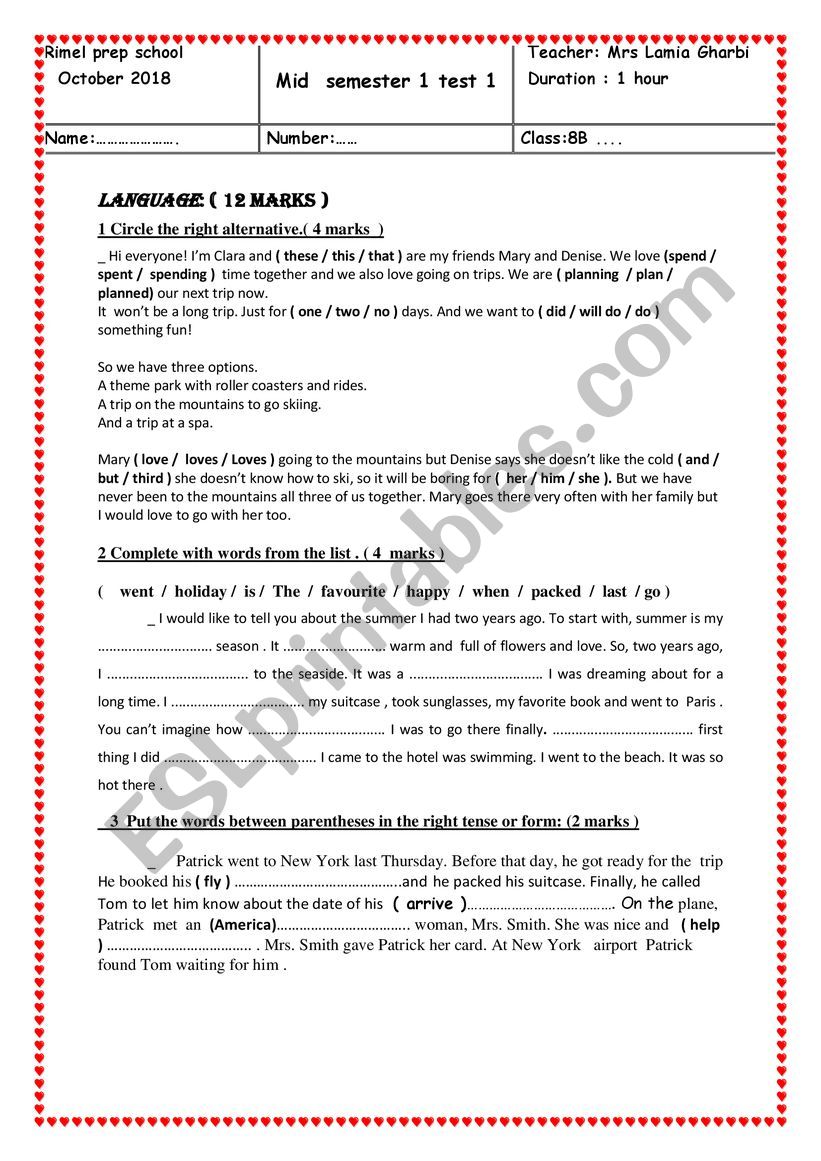 8th form mid term test 1 worksheet