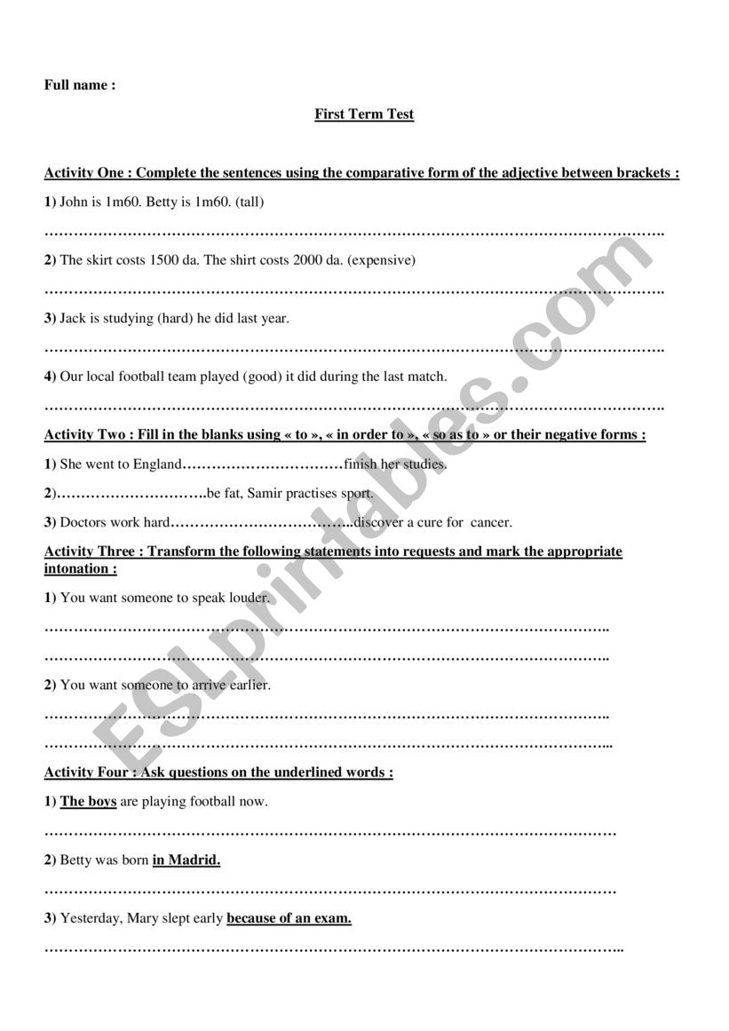 revision of first year  worksheet