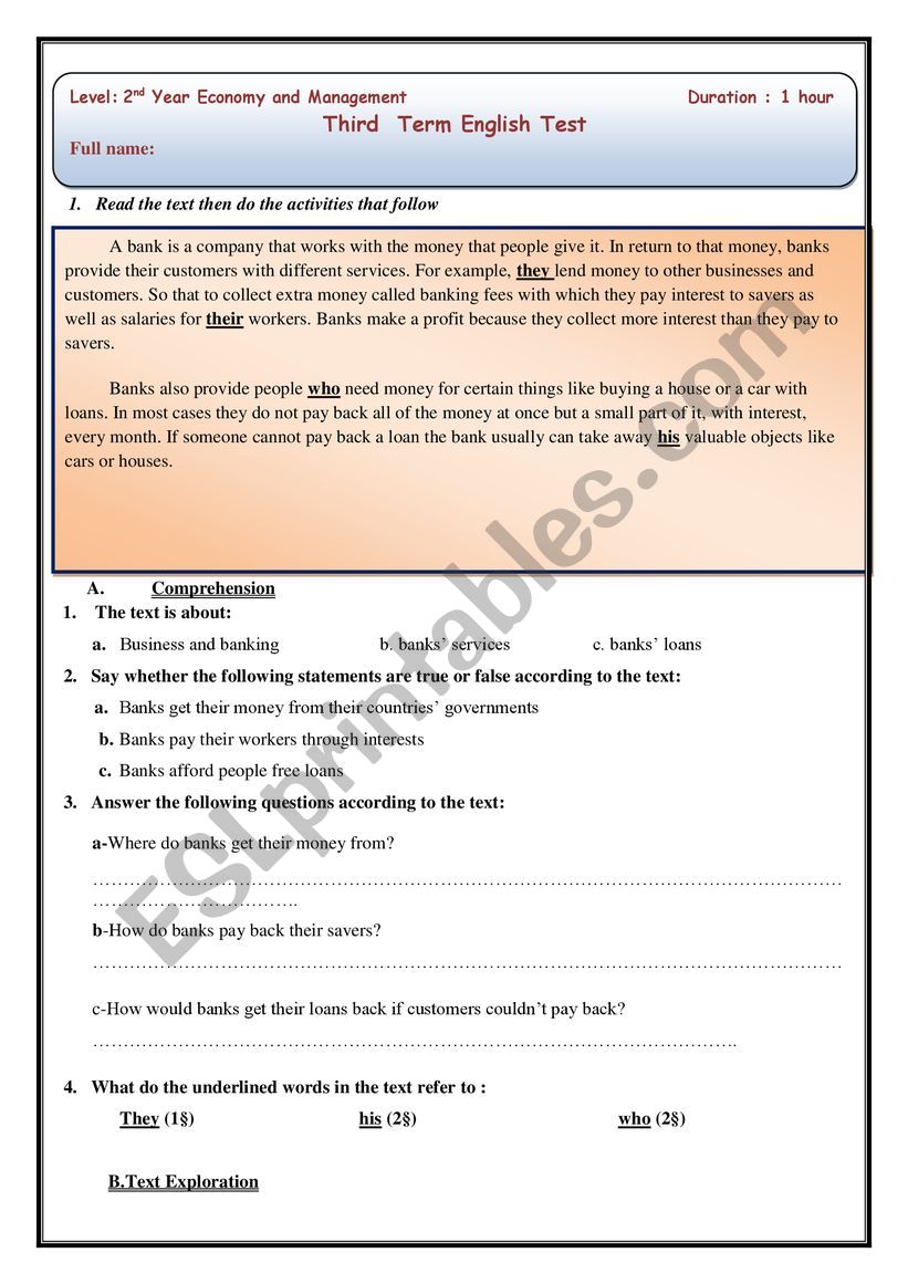 test of management  worksheet