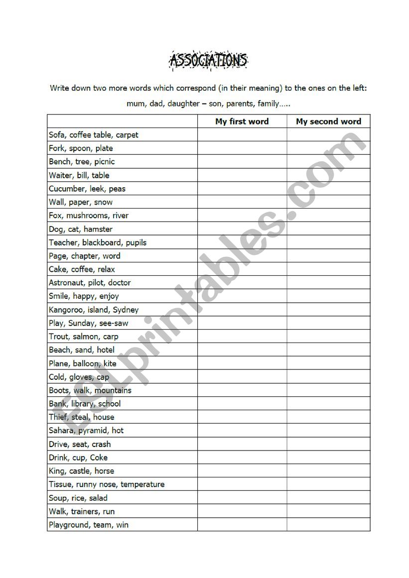 ASSOCIATIONS worksheet