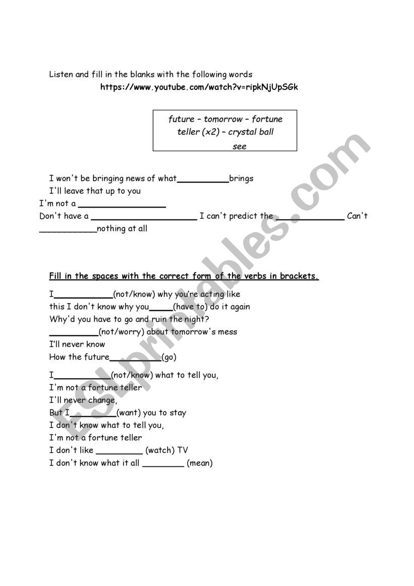 future song  worksheet