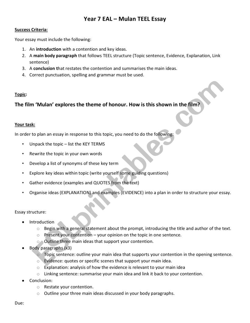 Mulan text response essay worksheet