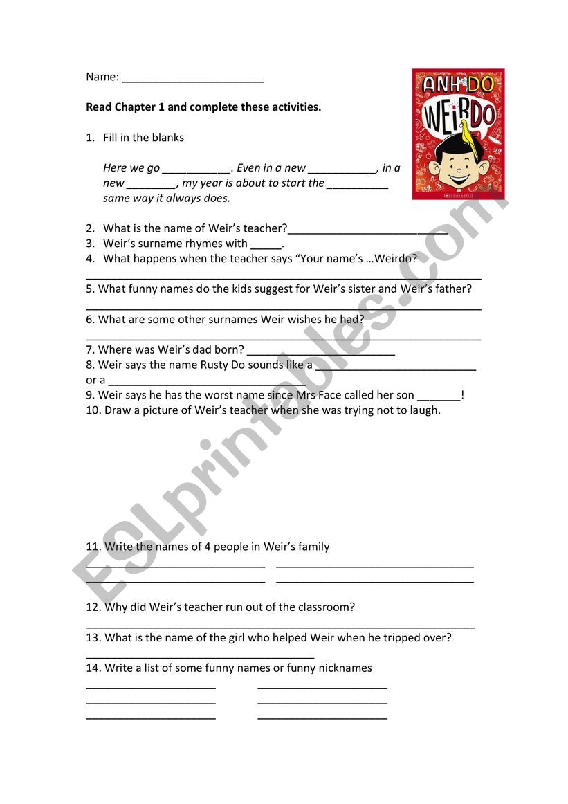 Weirdo by Ahn Do - Chapter 1 Comprehension Worksheet