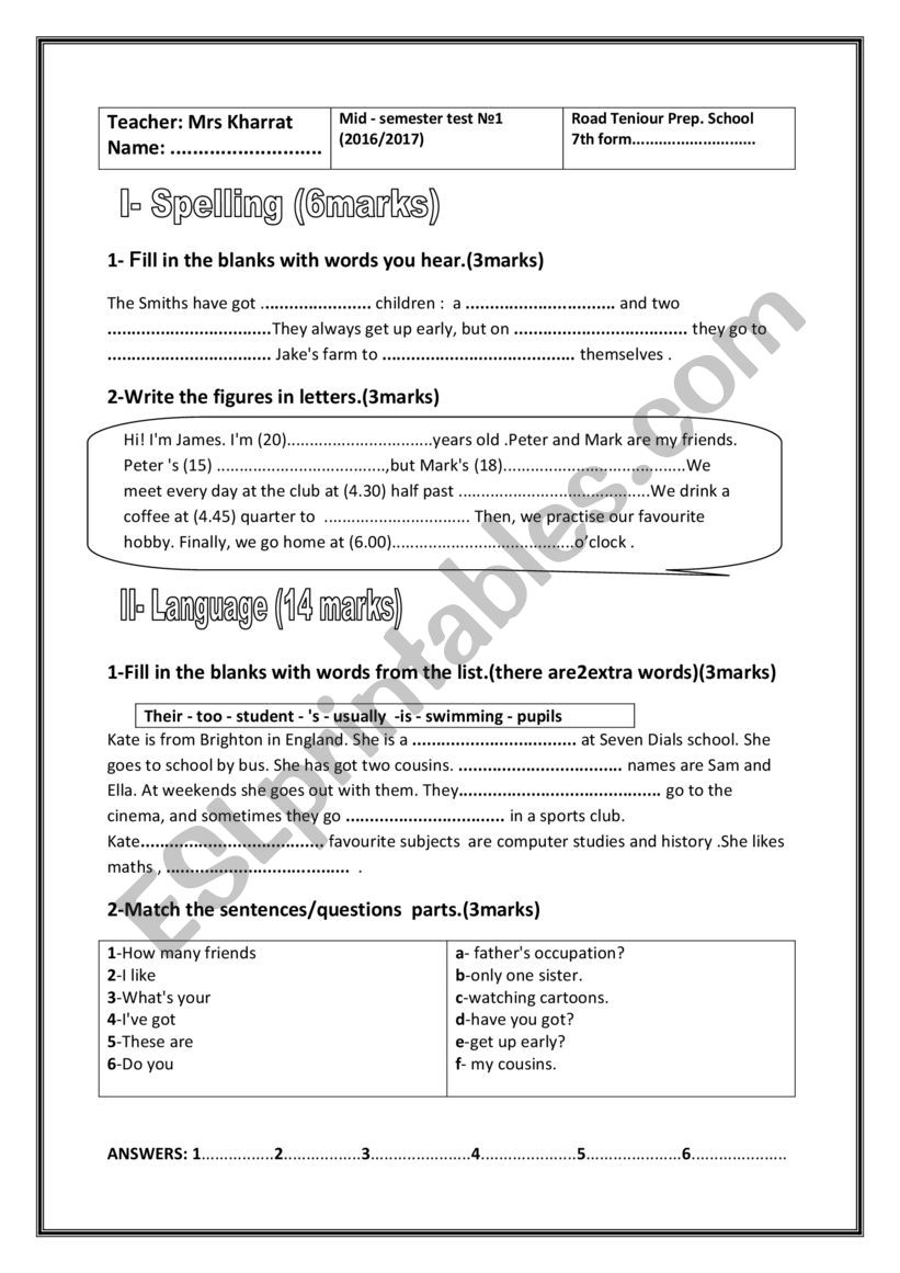 mid 1st semester test n1 worksheet