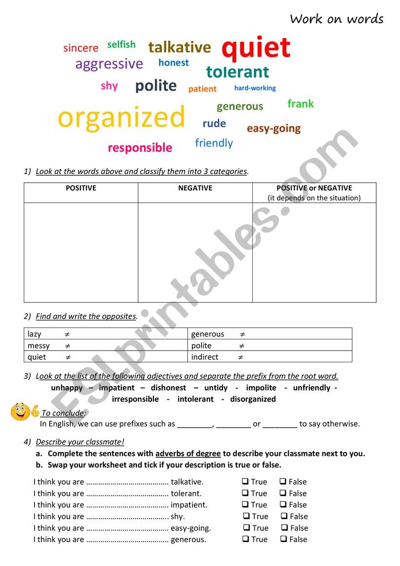 Work on words: Personality worksheet