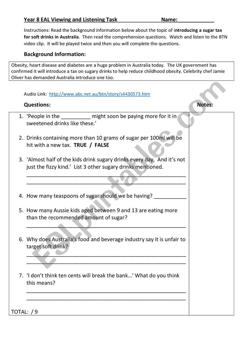 Listening task - Sugar tax worksheet