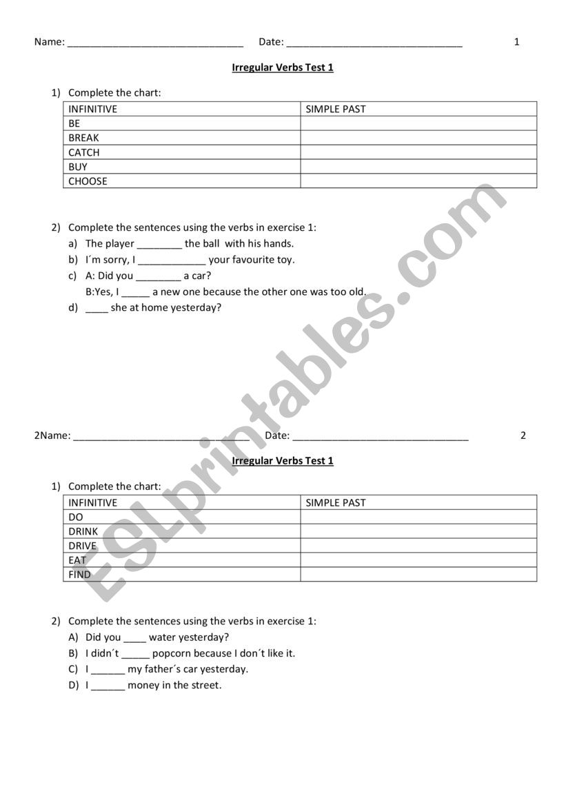 Irregular verbs test worksheet