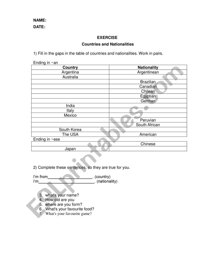 COUNTRY AND NATIONALITY worksheet