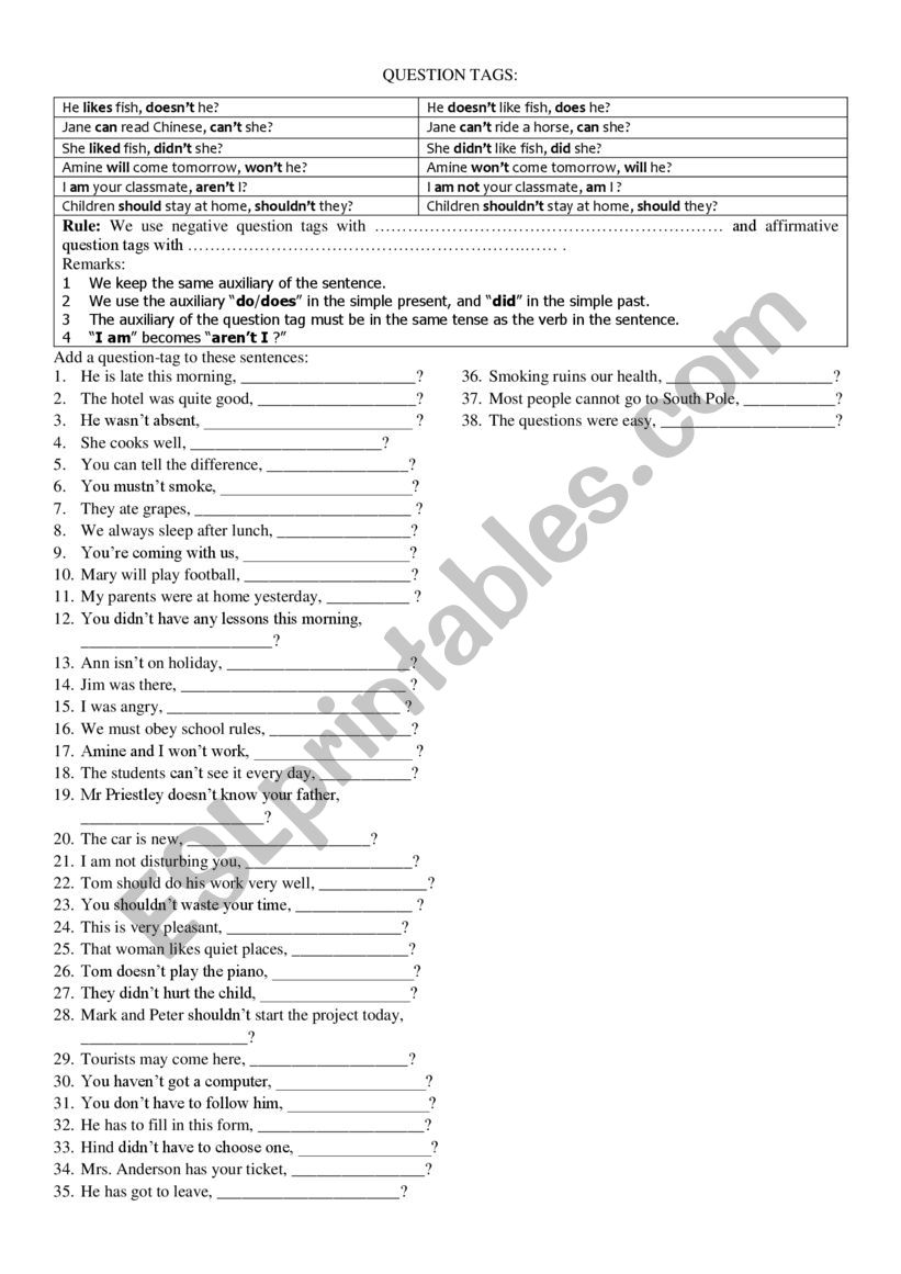 question tags worksheet