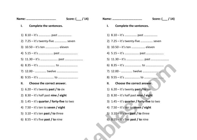 telling the time  worksheet