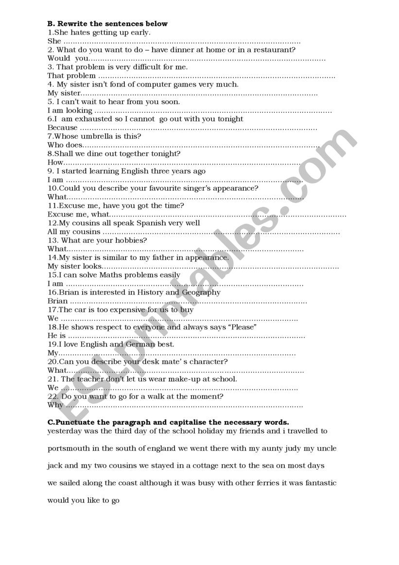 Paraphrasing Sentences- Study Sheet