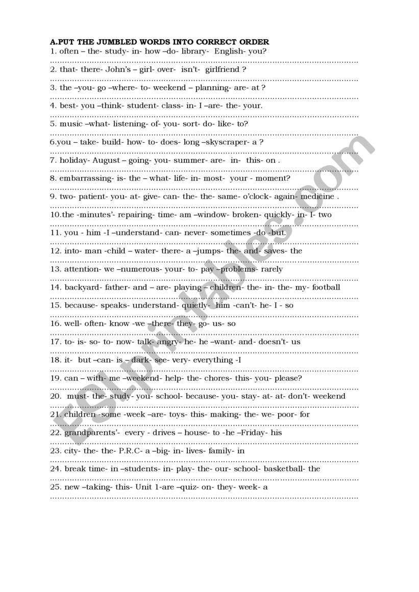 Word Order Study Sheet worksheet
