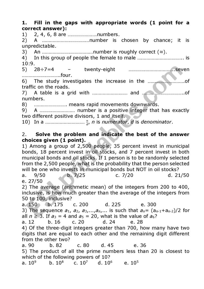 English for Maths worksheet