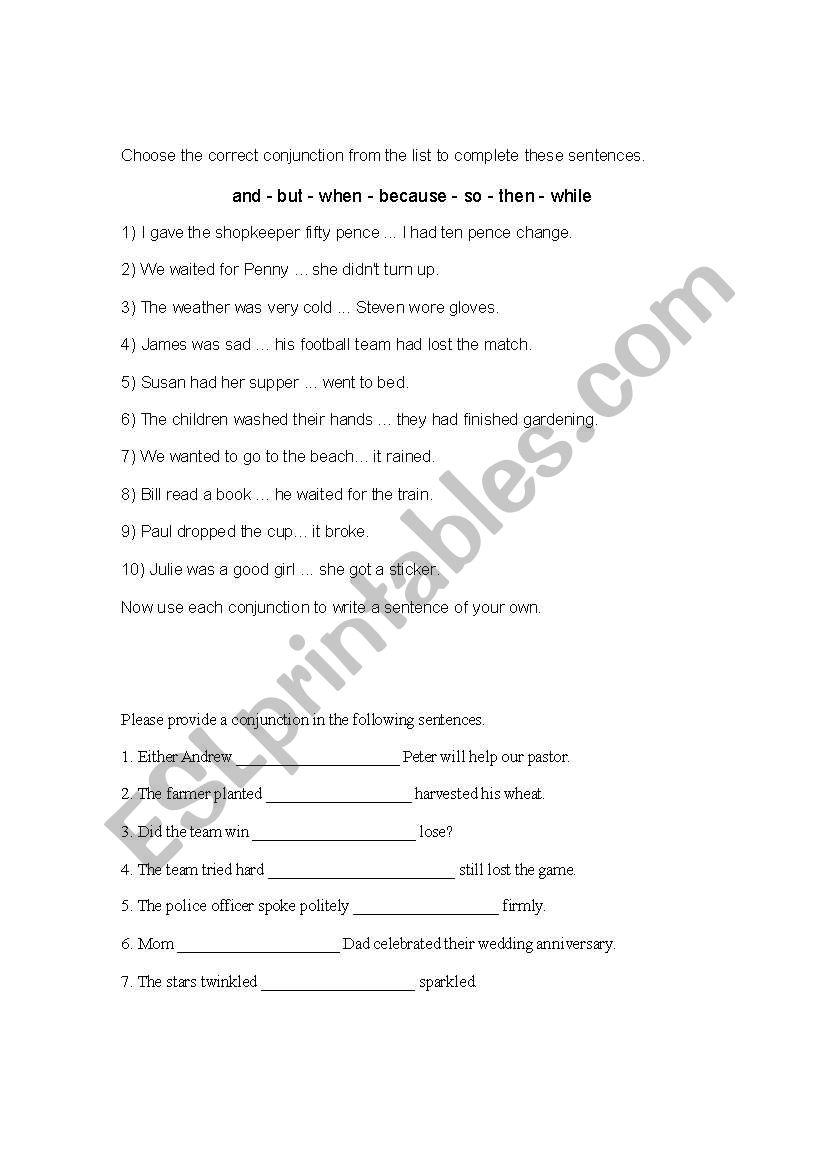 conjuctions worksheet