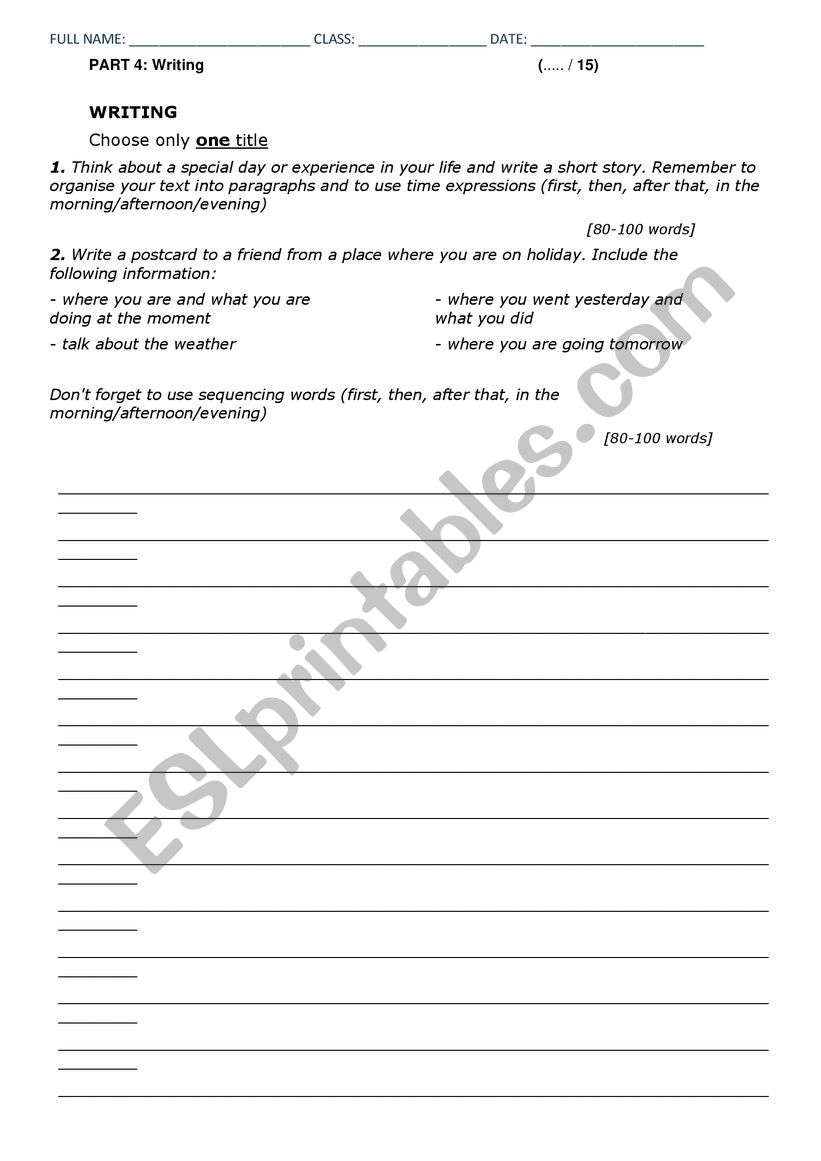 Writing test worksheet