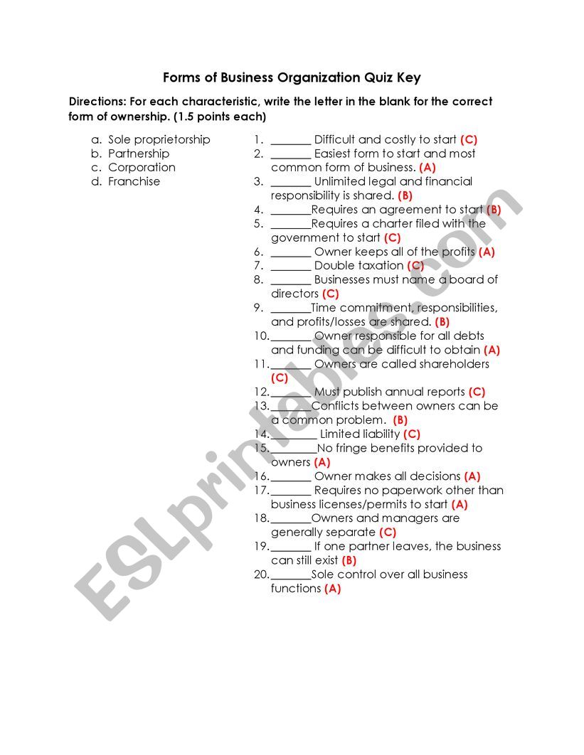 Types Of Business Organization ESL Worksheet By Befree1619