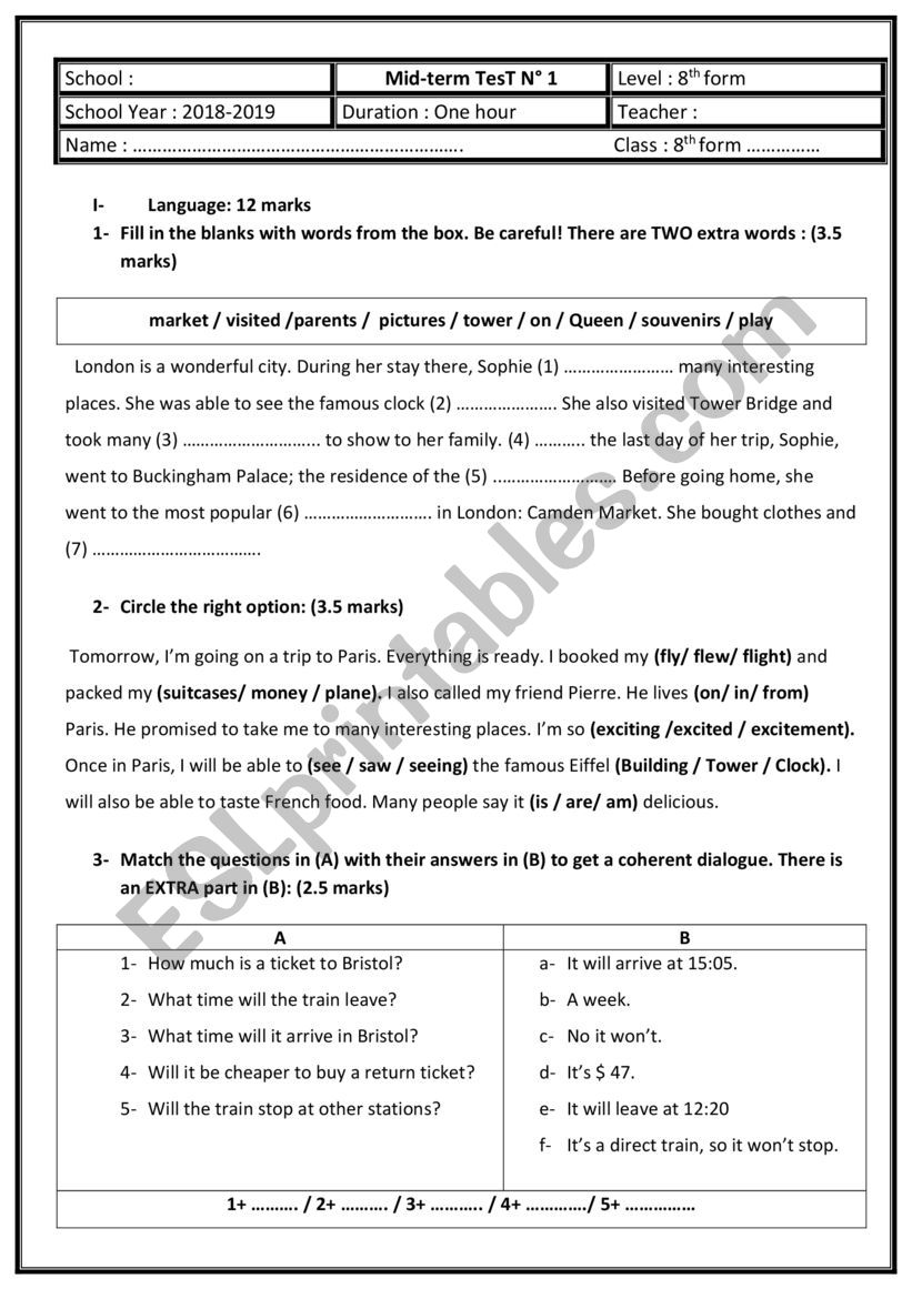 Mid-term Test 1 8th grade worksheet