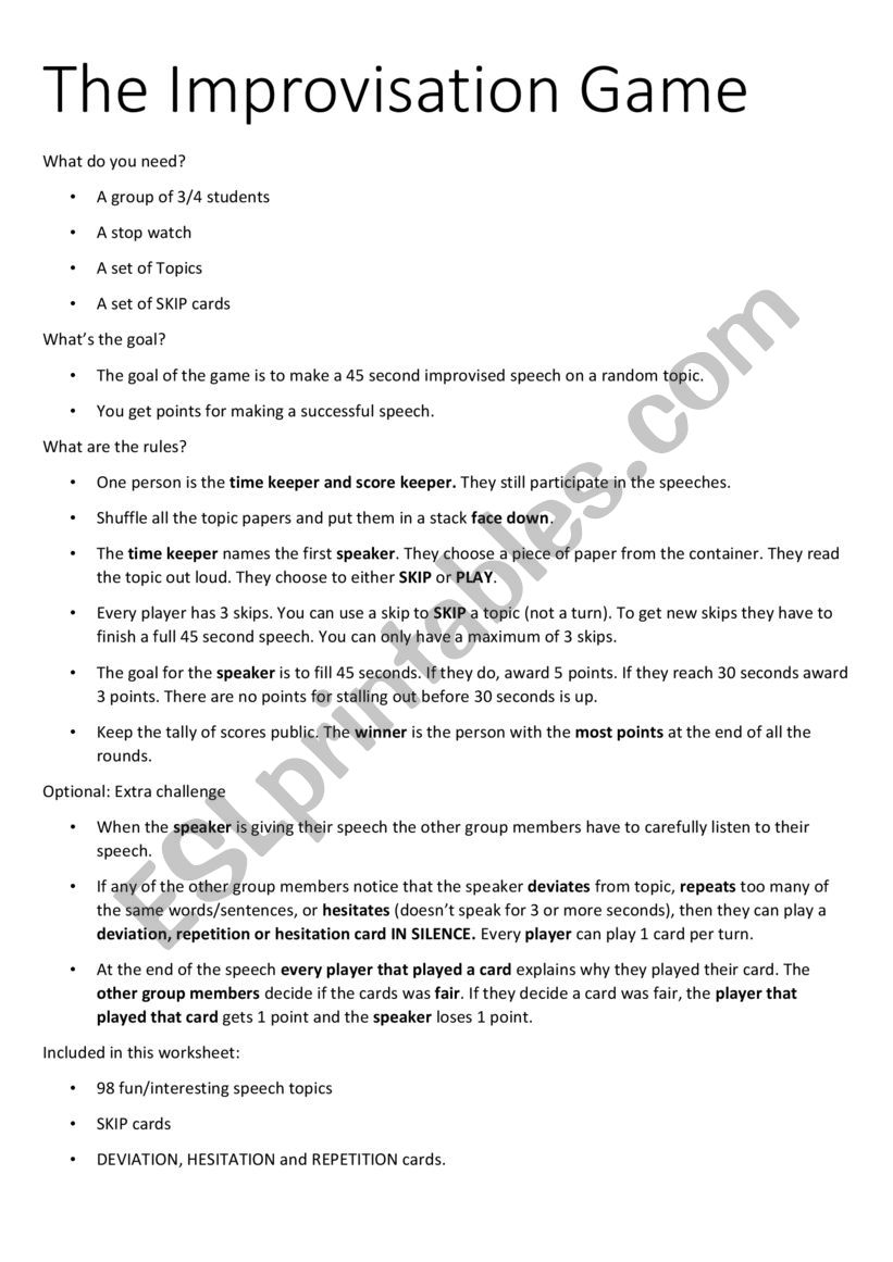 Improvisation game worksheet