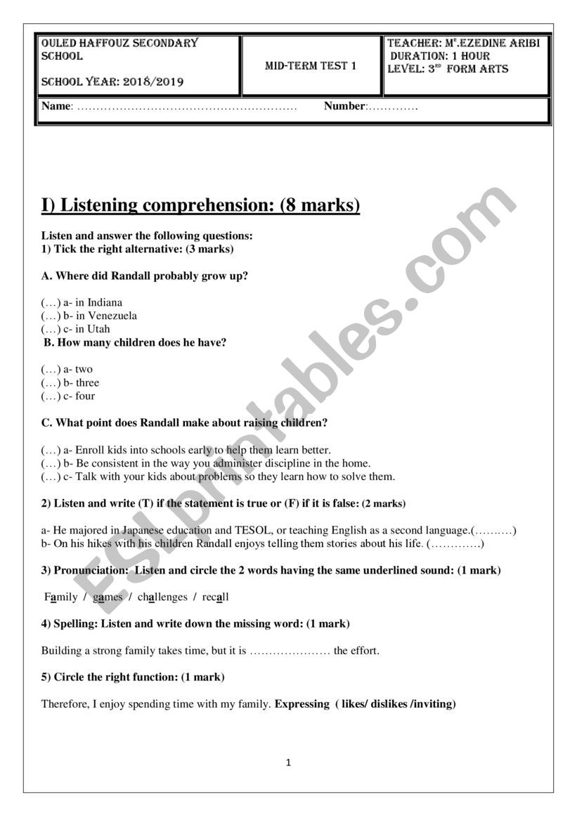 mid term test worksheet