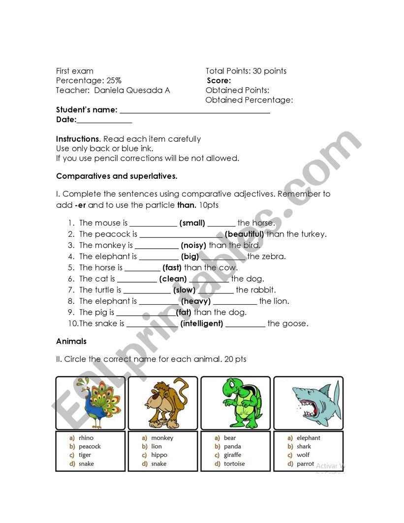 animals and comparatives test worksheet