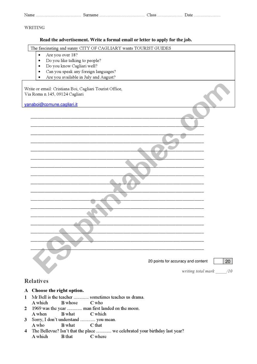 Writing and Grammar Test worksheet