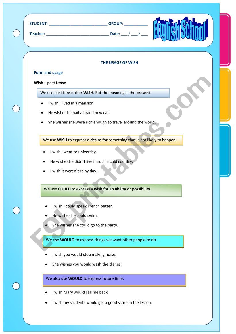 The usage of wish worksheet