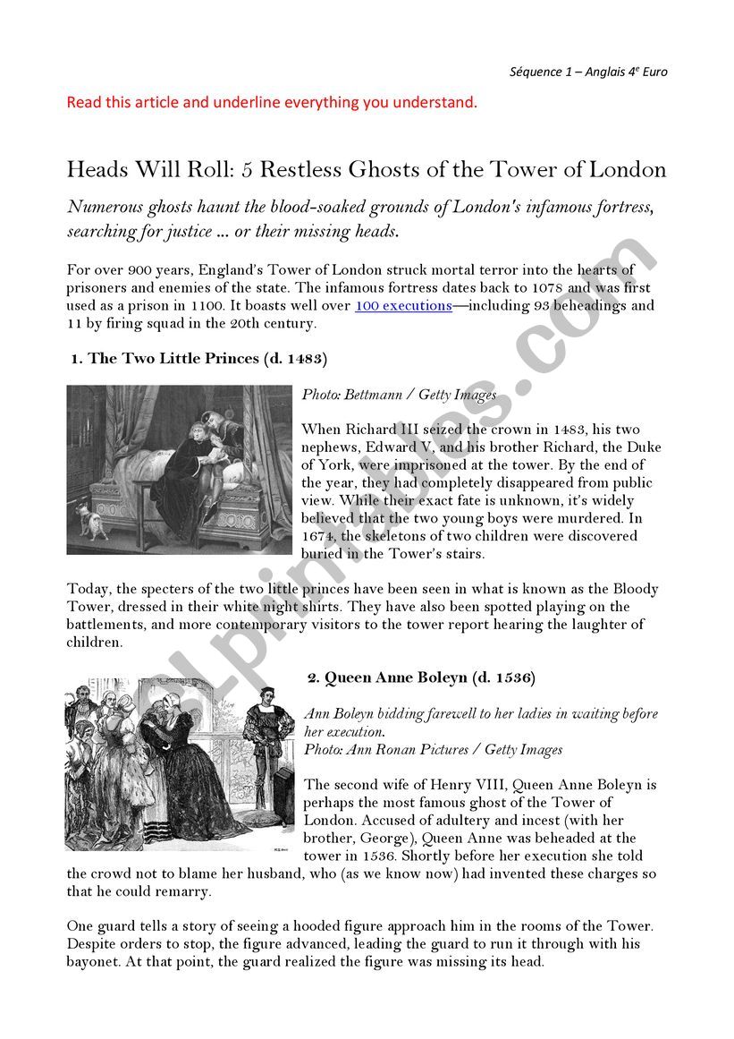 Reading: the Tower of LondonÂ´s ghosts