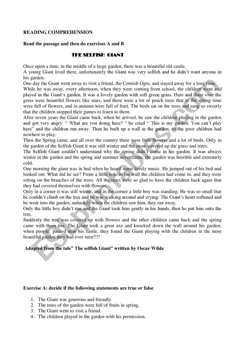 The Selfish Giant by O.Wilde worksheet