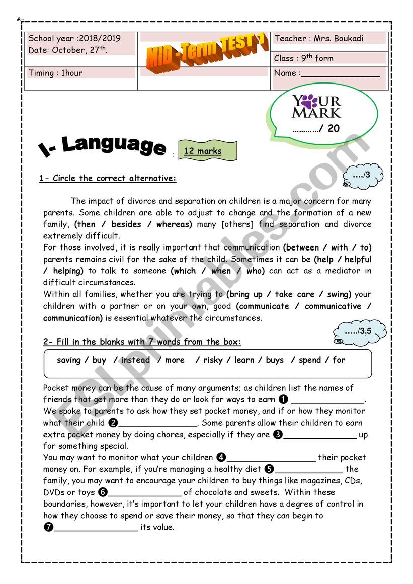 9th form mid-term test n1 worksheet