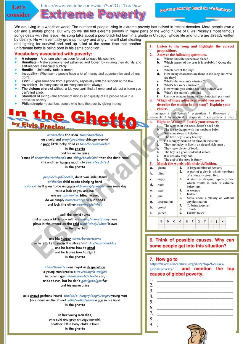 IN THE GHETTO by Elvis Presley - Extreme poverty - Multi-activity WS + KEY and links.