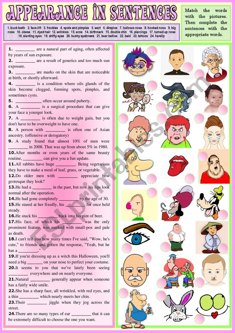 Appearance in sentences. worksheet