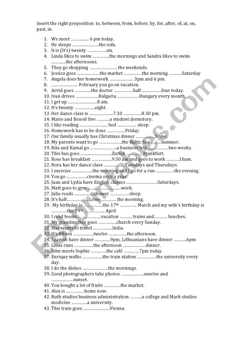preposition of time and place worksheet