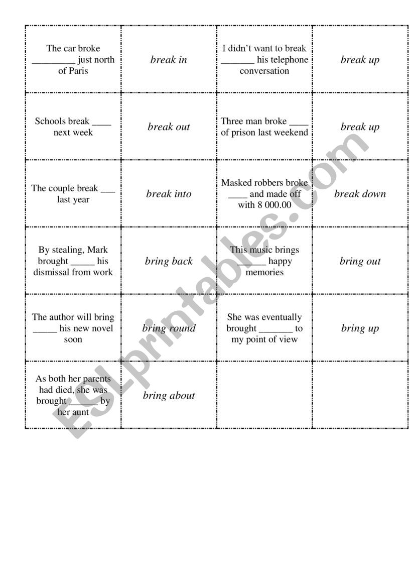 Phrasal verb (bring , break) matching cards