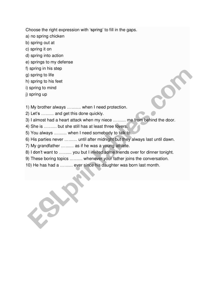 Spring idioms worksheet