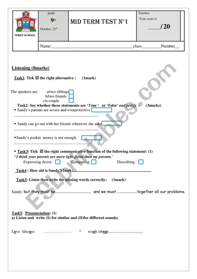 mid term test n1 for 9th worksheet