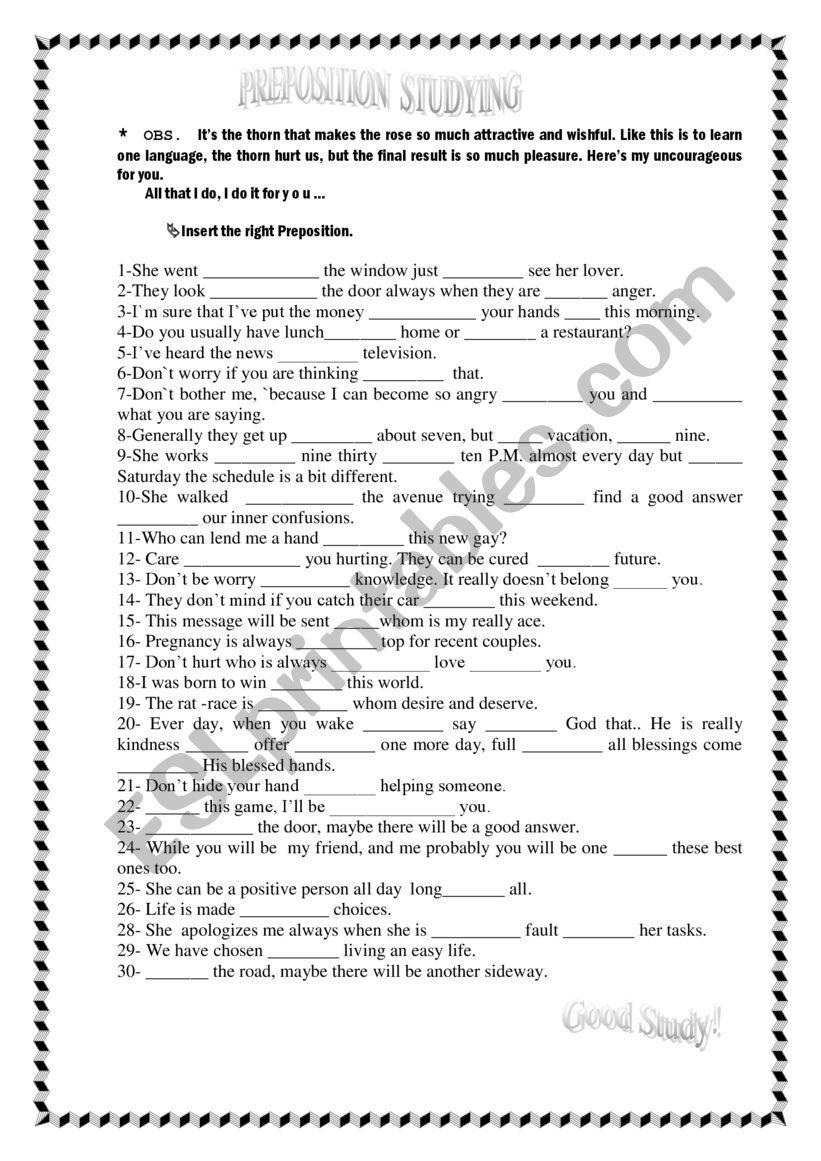 Prepositions Stufying worksheet