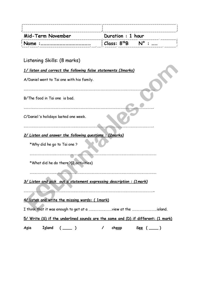 mid term 8th test worksheet