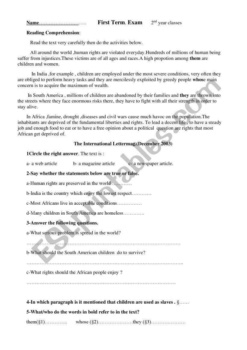 FIRST TERM EXAM  worksheet