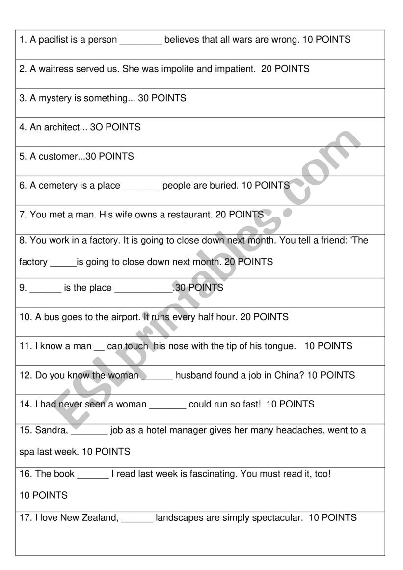 Game on Relative Sentences worksheet