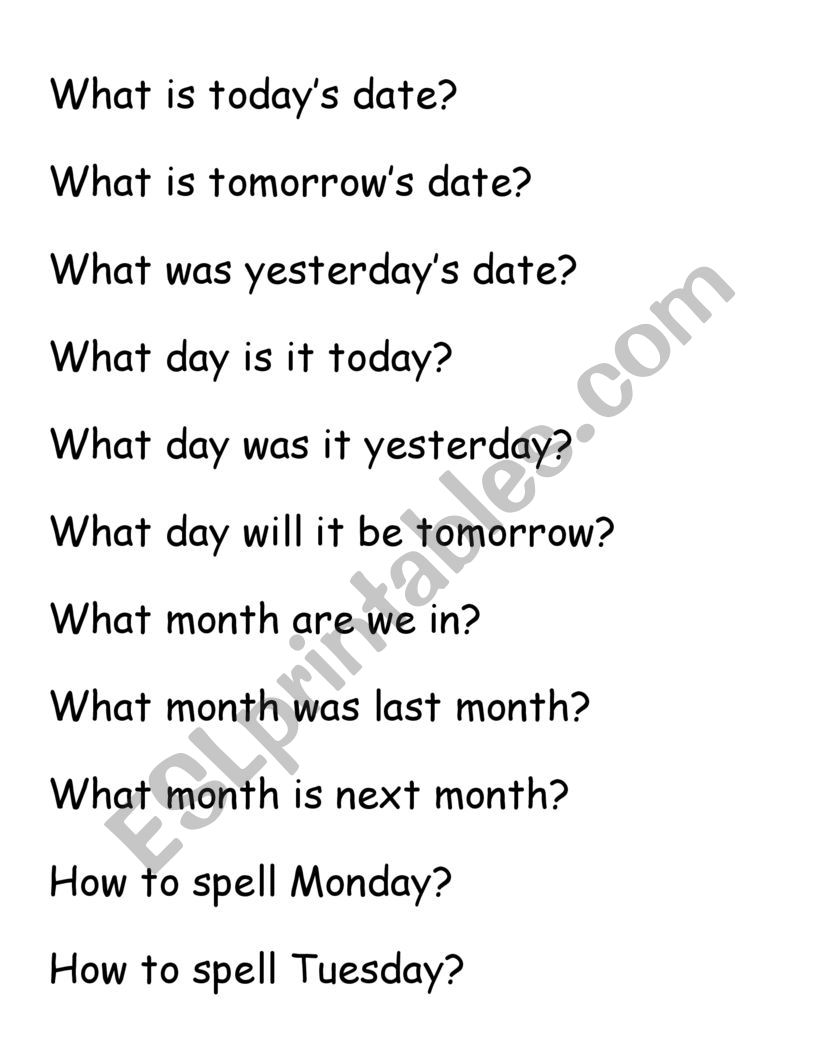 Days and Dates Warmer worksheet