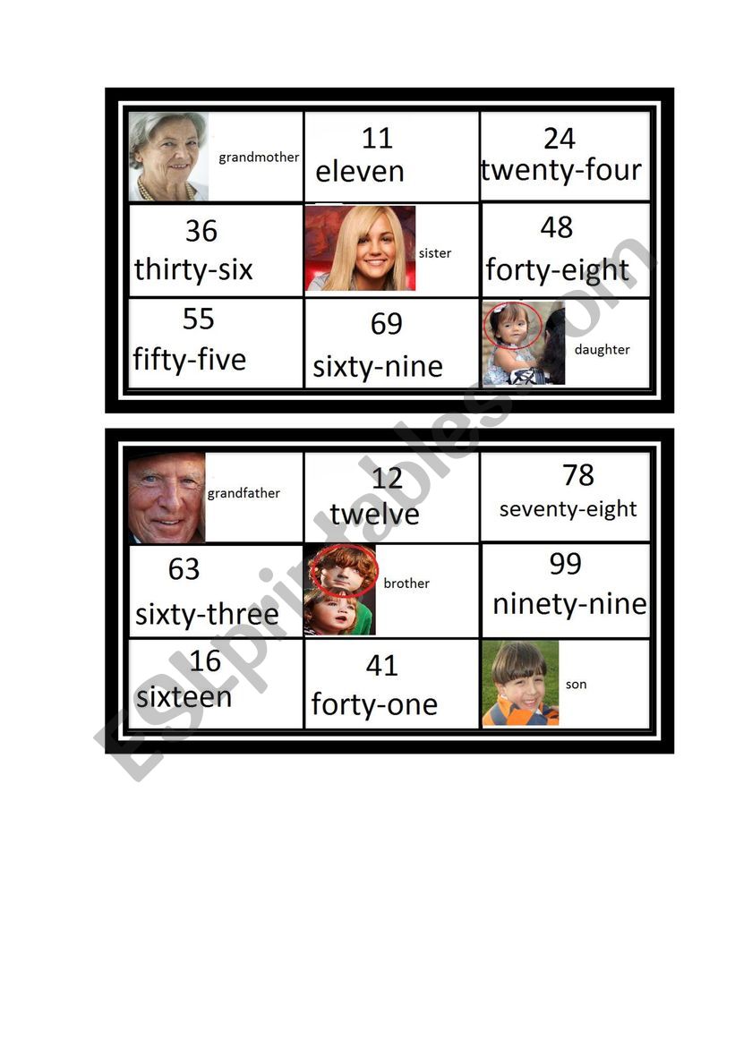 Family / numbers bingo worksheet